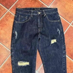 MANDEM Mens Distressed Dark Wash Straight Leg Jeans Size 33